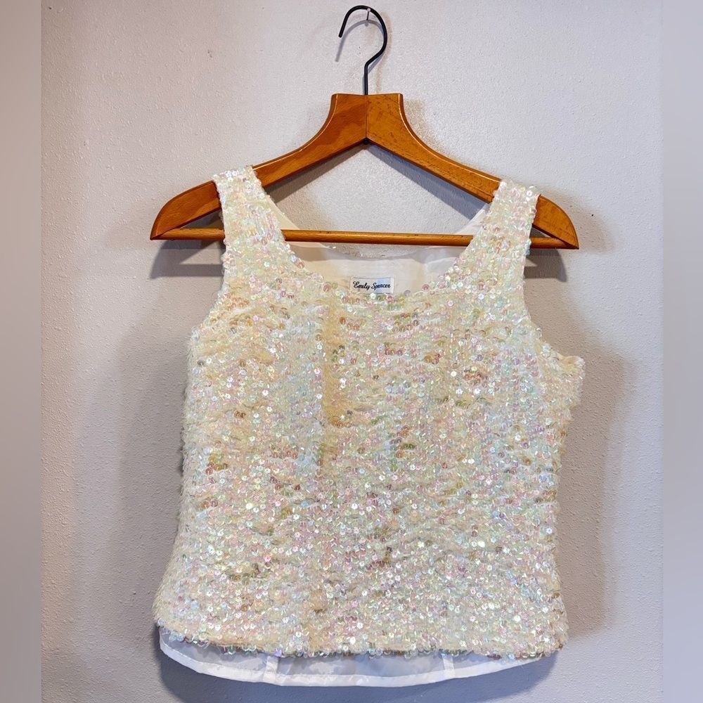 Vintage silk Sequin Embellished Cream Tank Top